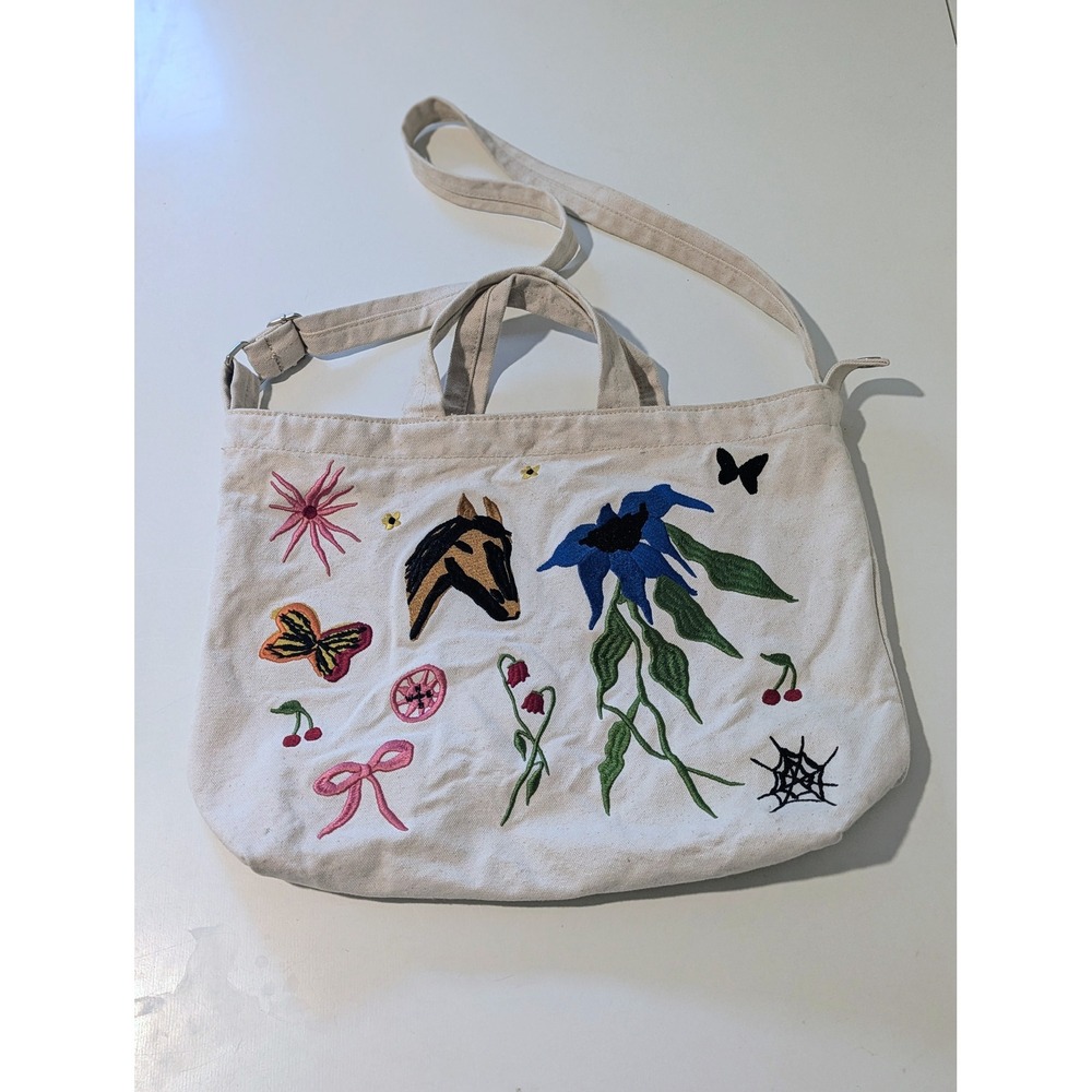 Baggu x Jessica Williams Horizontal Duck Bag Embroidered Canvas Tote Cream